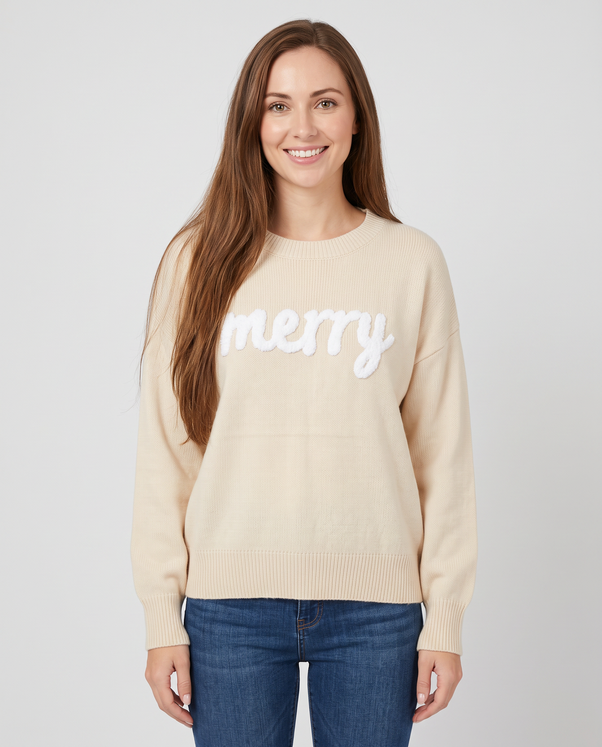 Women's apricot 'merry' slogan Christmas jumper, front view