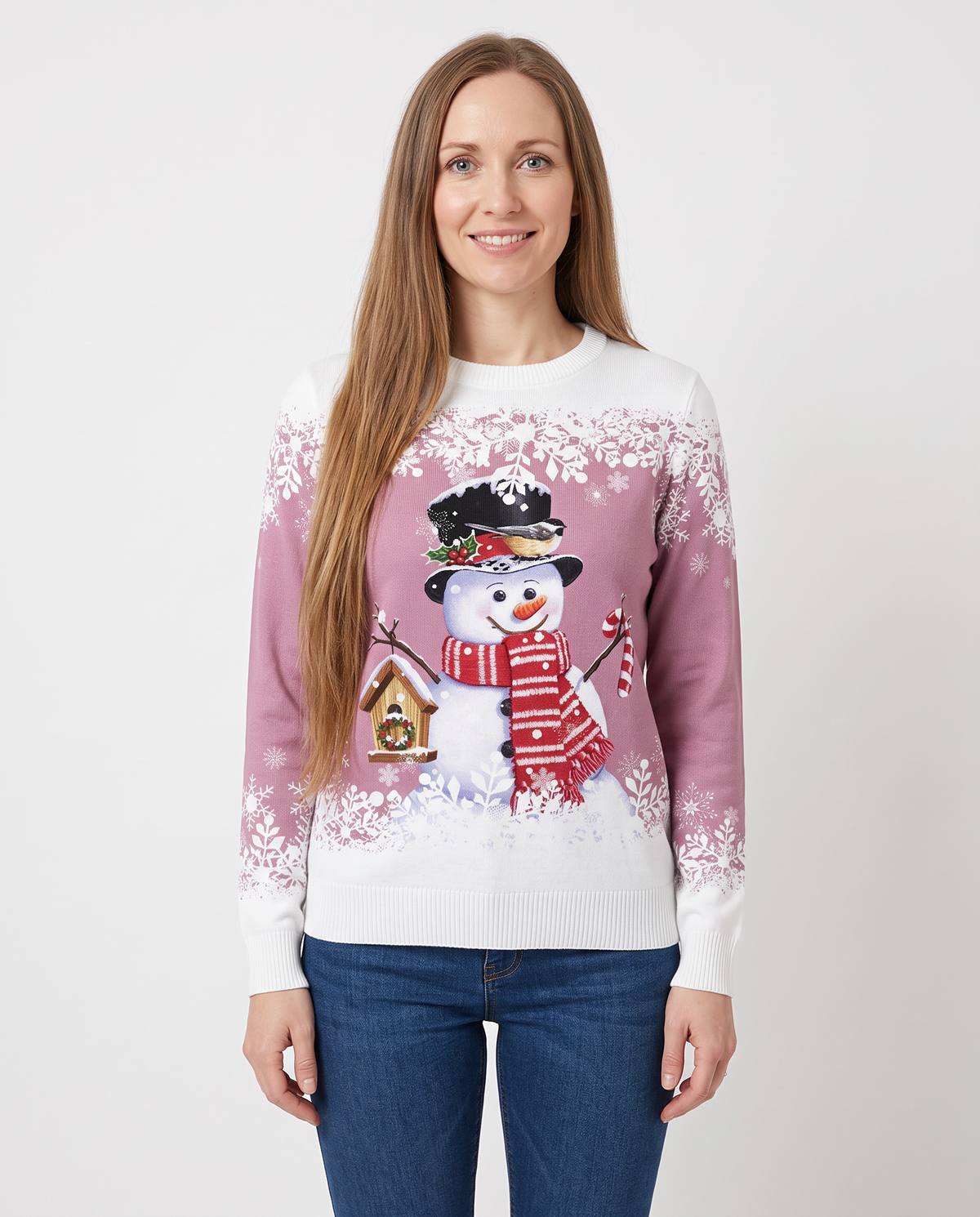 Women's pink snowman Christmas jumper, front view