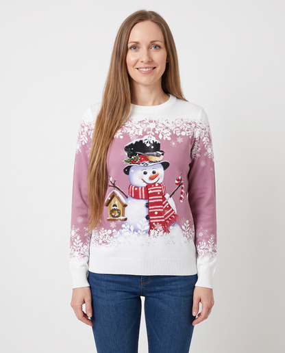 Women's pink snowman Christmas jumper, front view