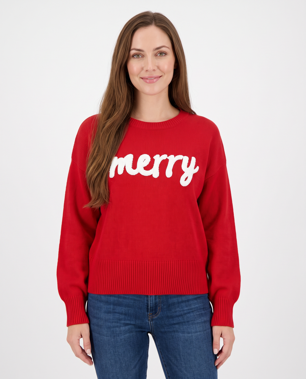 Women's red 'merry' slogan Christmas jumper, front view