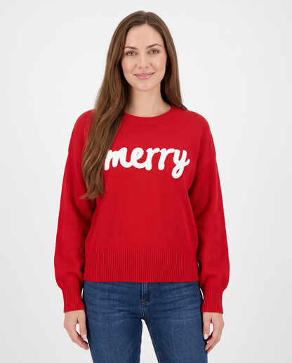 Women's red 'merry' slogan Christmas jumper, front view