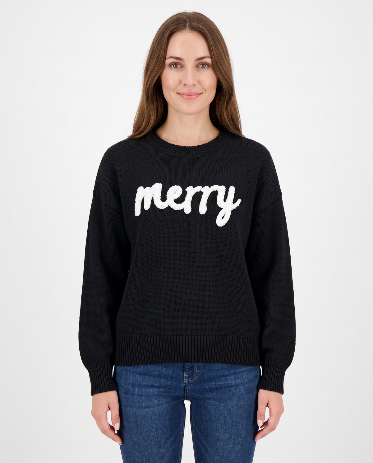Women's black 'merry' slogan Christmas jumper, front view