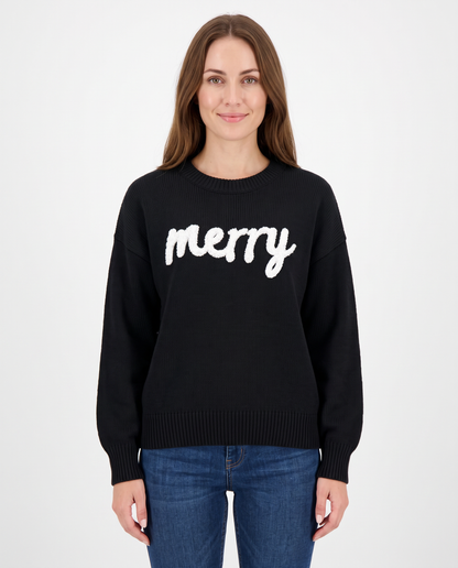 Women's black 'merry' slogan Christmas jumper, front view