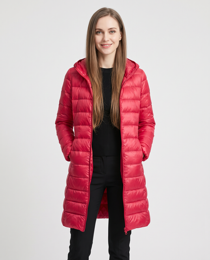 Women's red longline hooded puffer coat, front view