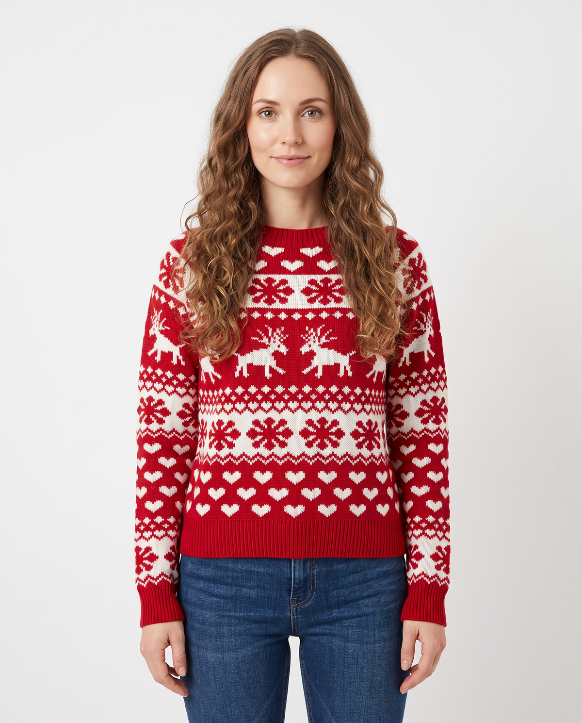 Women's red fitted fair isle Christmas jumper, front view