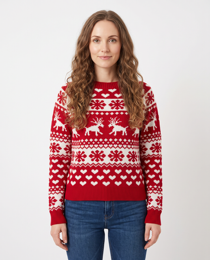 Women's red fitted fair isle Christmas jumper, front view