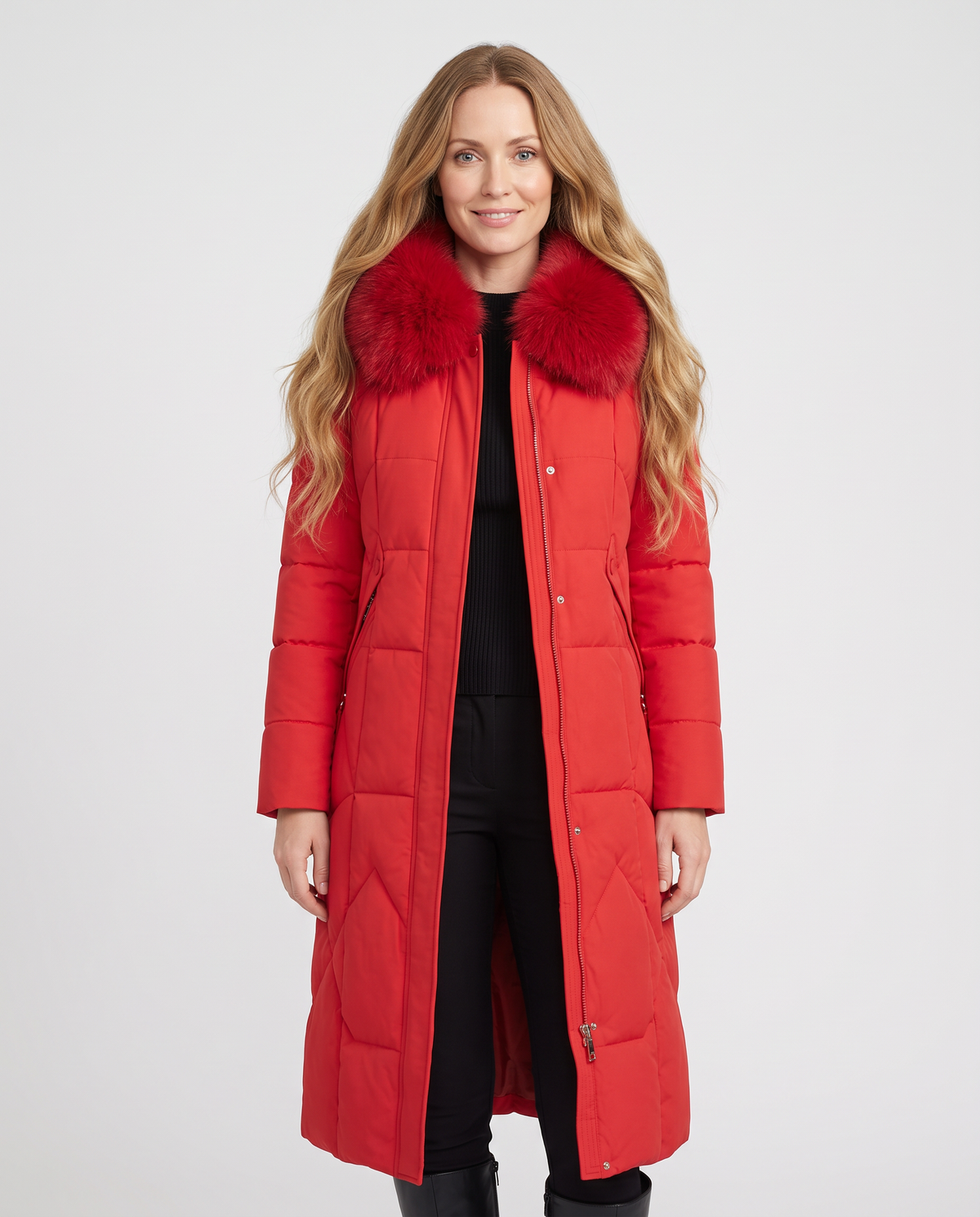 Women's red long quilted puffer coat with faux fur collar, front view