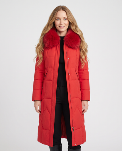 Women's red long quilted puffer coat with faux fur collar, front view