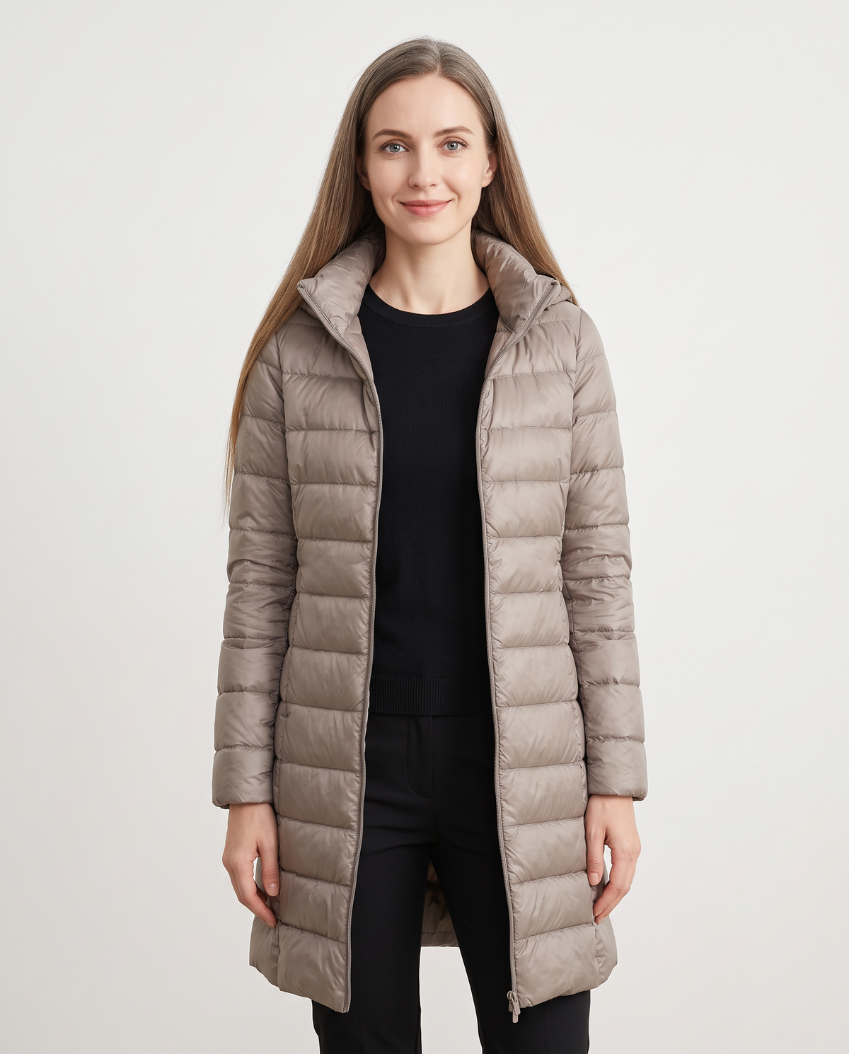 Women's taupe longline hooded puffer coat, front view