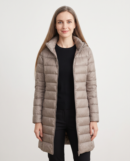Women's taupe longline hooded puffer coat, front view