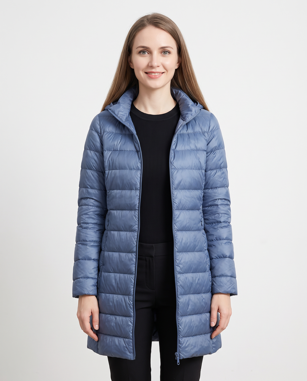 Women's blue longline hooded puffer coat, front view