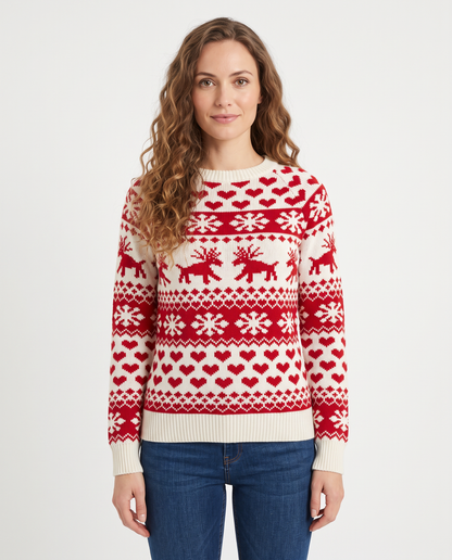 Women's cream white fitted fair isle Christmas jumper, front view