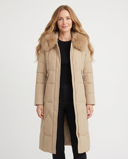 Women's beige long quilted puffer coat with faux fur collar, front view
