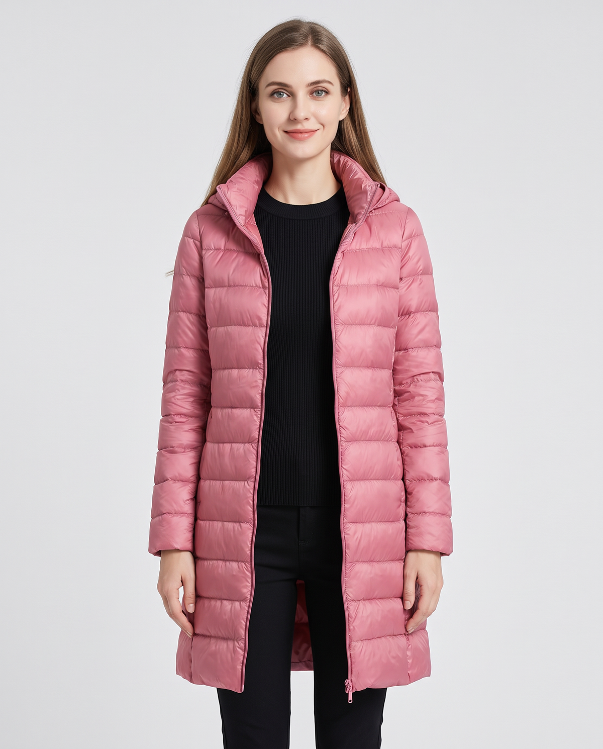 Women's pink longline hooded puffer coat, front view
