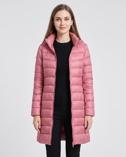 Women's pink longline hooded puffer coat, front view