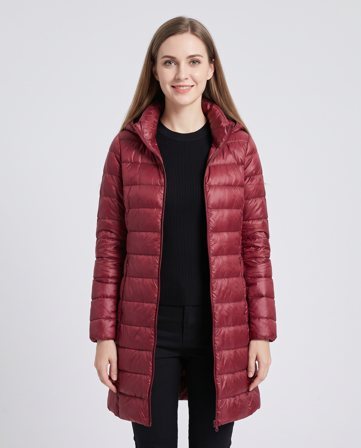 Women's wine red longline hooded puffer coat, front view