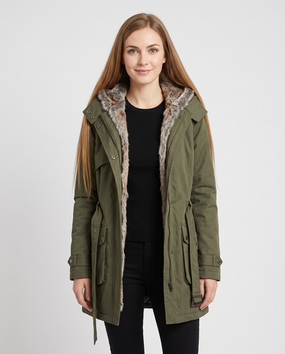 Women's olive green hooded parka coat with faux fur trim, front view
