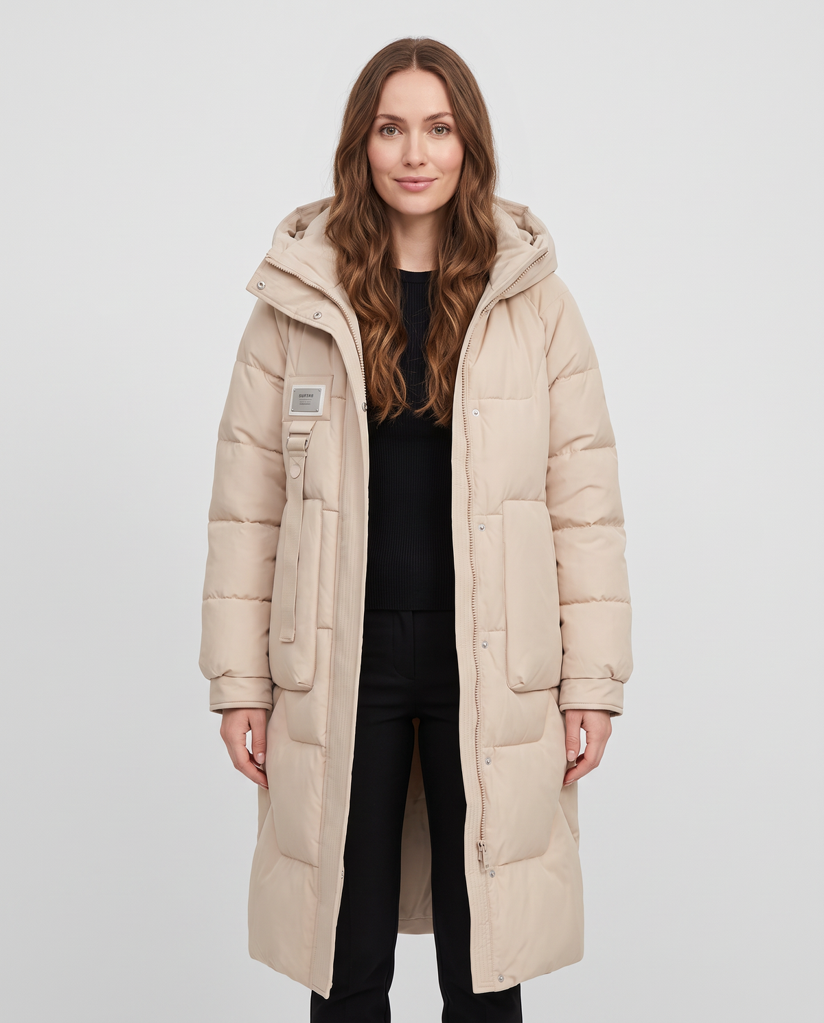 Women's khaki long hooded waterproof puffer jacket, front view