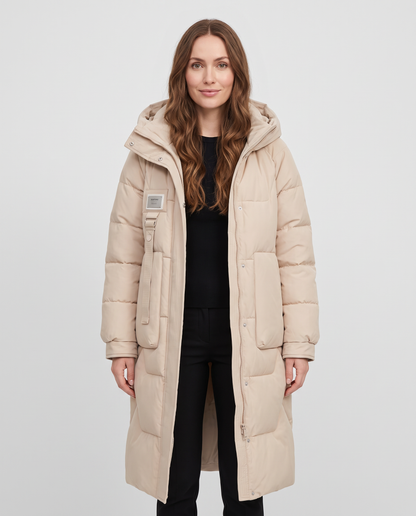 Women's khaki long hooded waterproof puffer jacket, front view