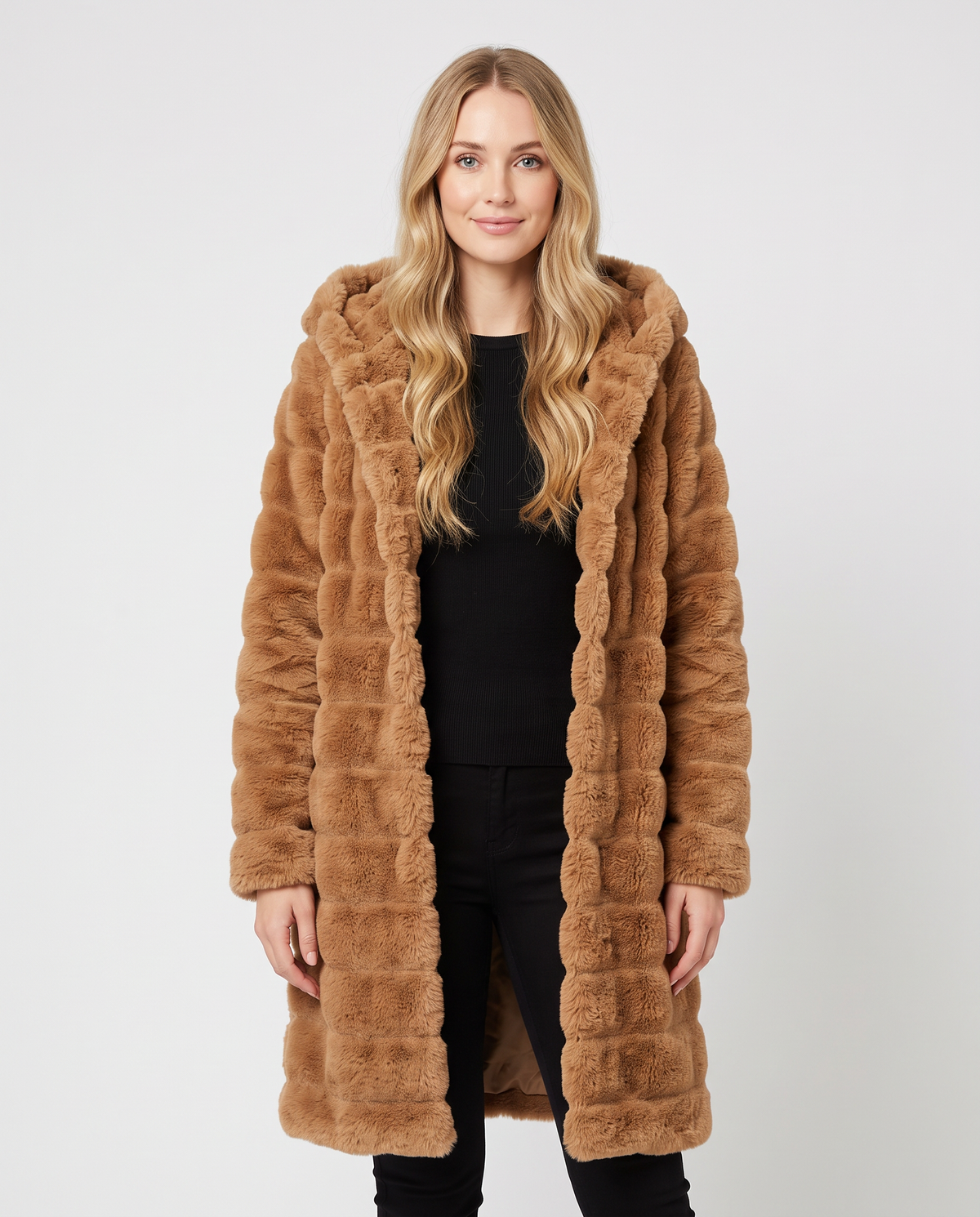 Women's brown hooded shaggy faux fur coat, front view