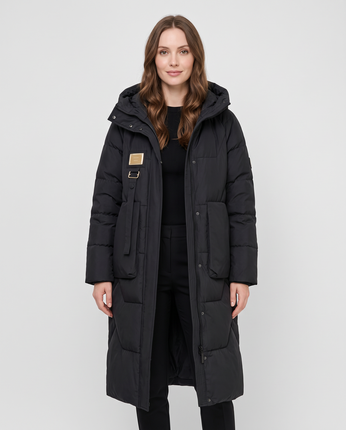Women's black long hooded waterproof puffer jacket, front view