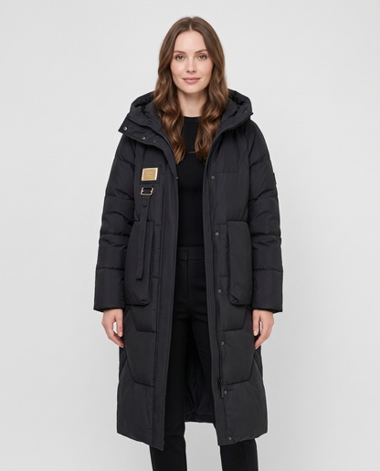 Women's black long hooded waterproof puffer jacket, front view