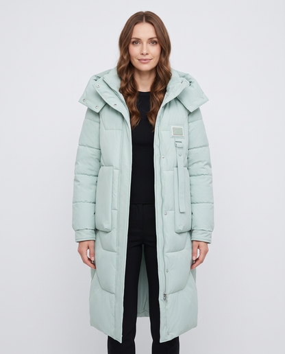 Women's mint green long hooded waterproof puffer jacket, front view