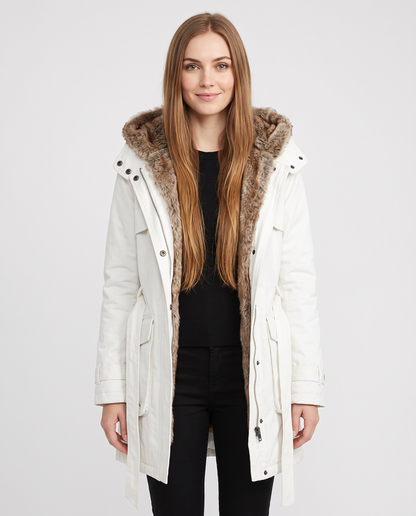 Women's white hooded parka coat with faux fur trim, front view