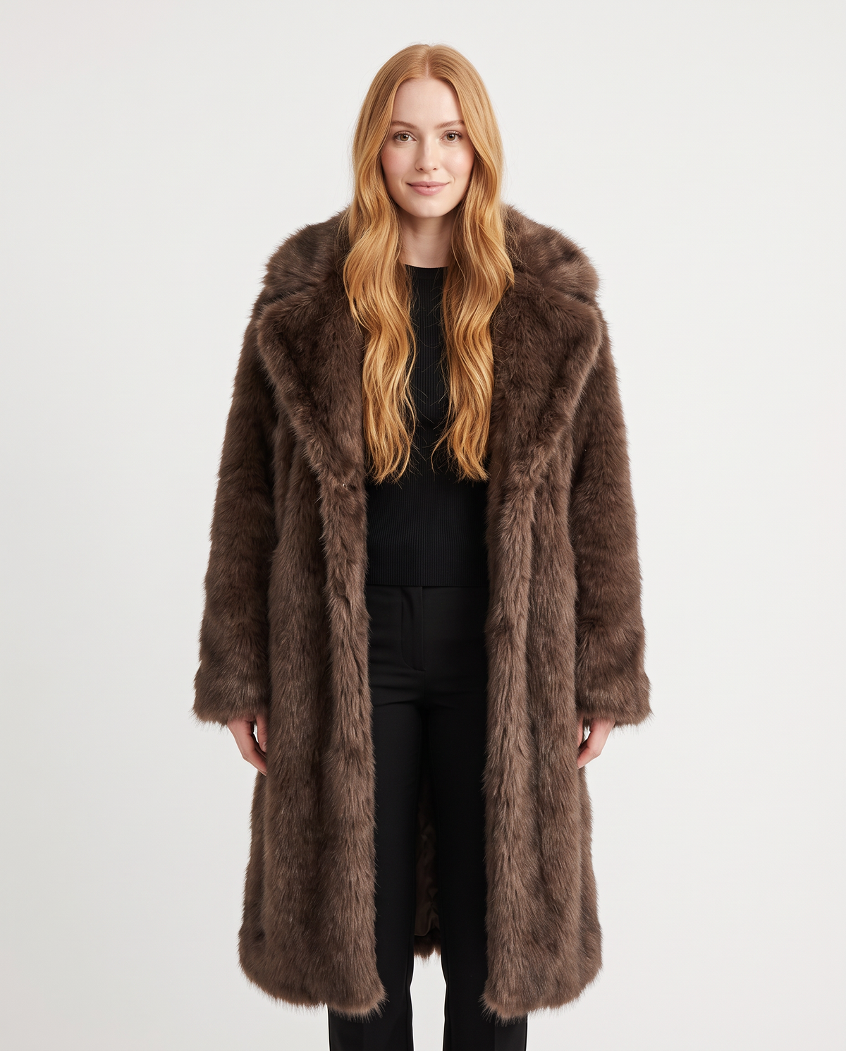 Women's dark brown oversized faux fur coat, front view