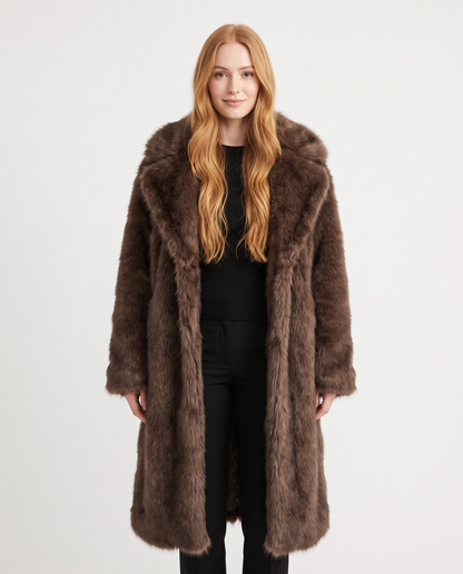 Women's dark brown oversized faux fur coat, front view