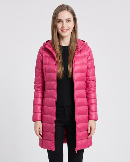 Women's hot pink longline hooded puffer coat, front view