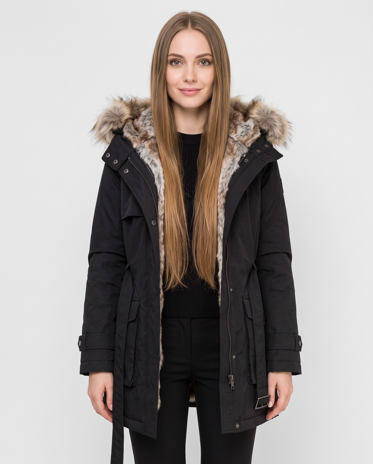 Women's black hooded parka coat with faux fur trim, front view