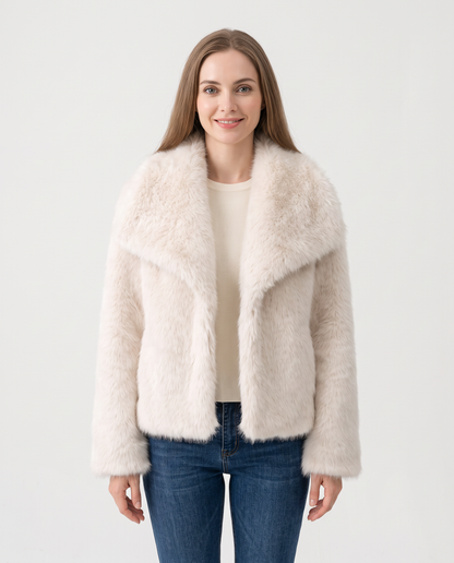 Women's cream cropped faux fur jacket, front view