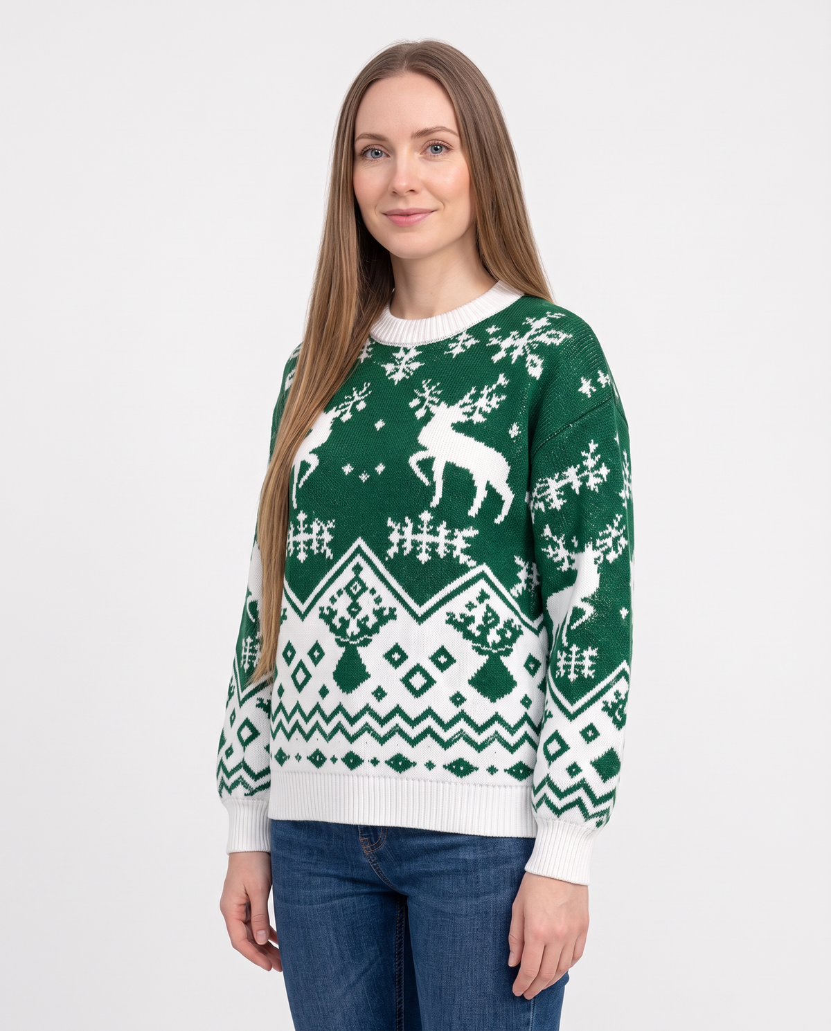 Women's green fair isle Christmas jumper, side view