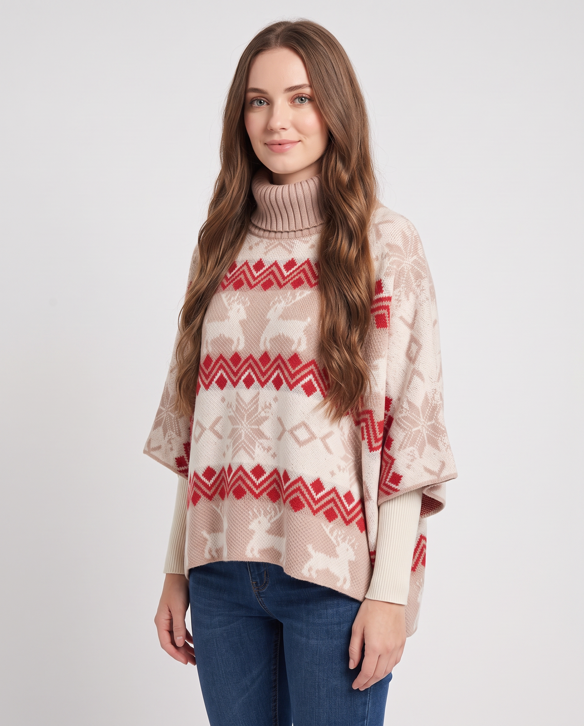 Women's red roll neck Christmas jumper, side view