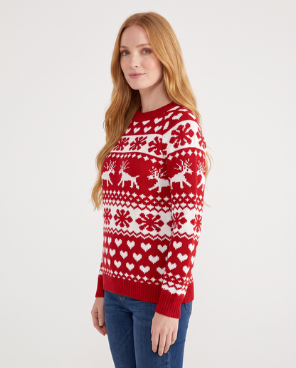 Women's red reindeer fair isle Christmas jumper, side view