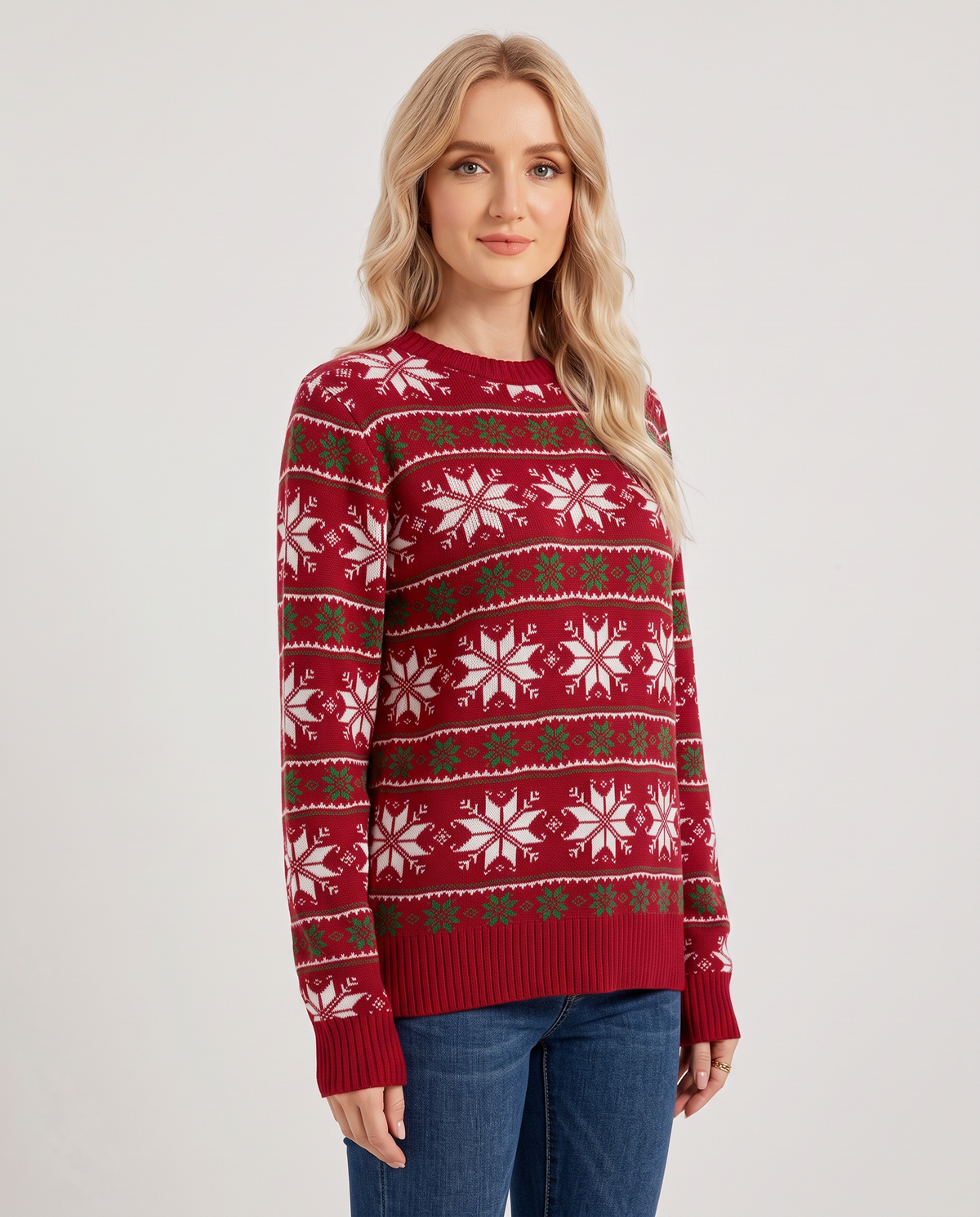 Women's red snowflake fair isle Christmas jumper, side view