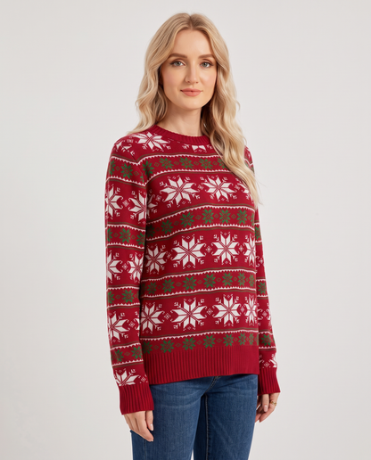 Women's red snowflake fair isle Christmas jumper, side view