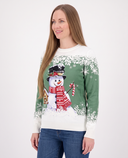 Women's green snowman Christmas jumper, side view