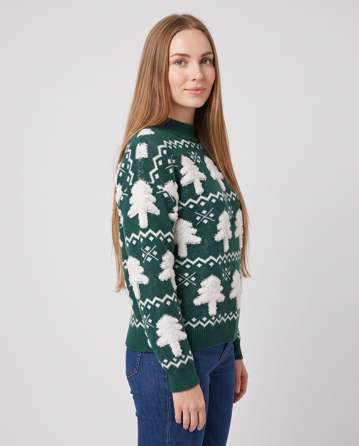 Women's green Christmas tree knit jumper, side view