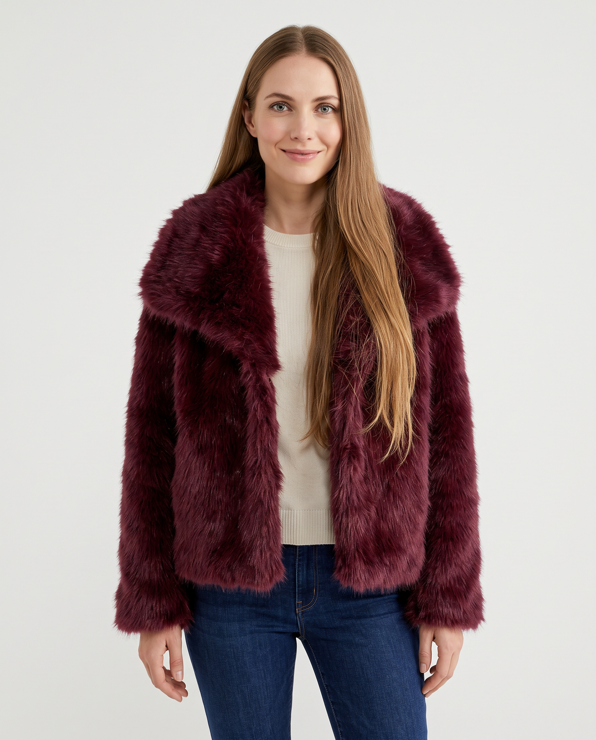 Women's burgundy cropped faux fur jacket, front view