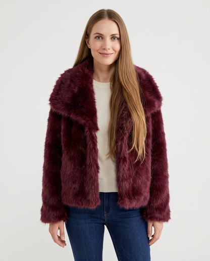 Women's burgundy cropped faux fur jacket, front view
