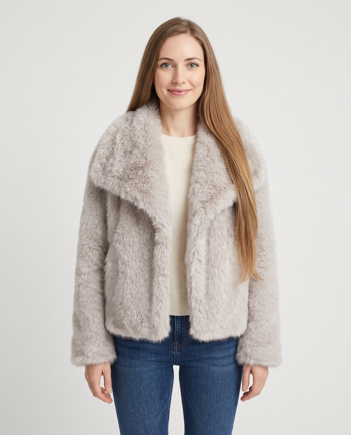 Women's grey cropped faux fur jacket, front view
