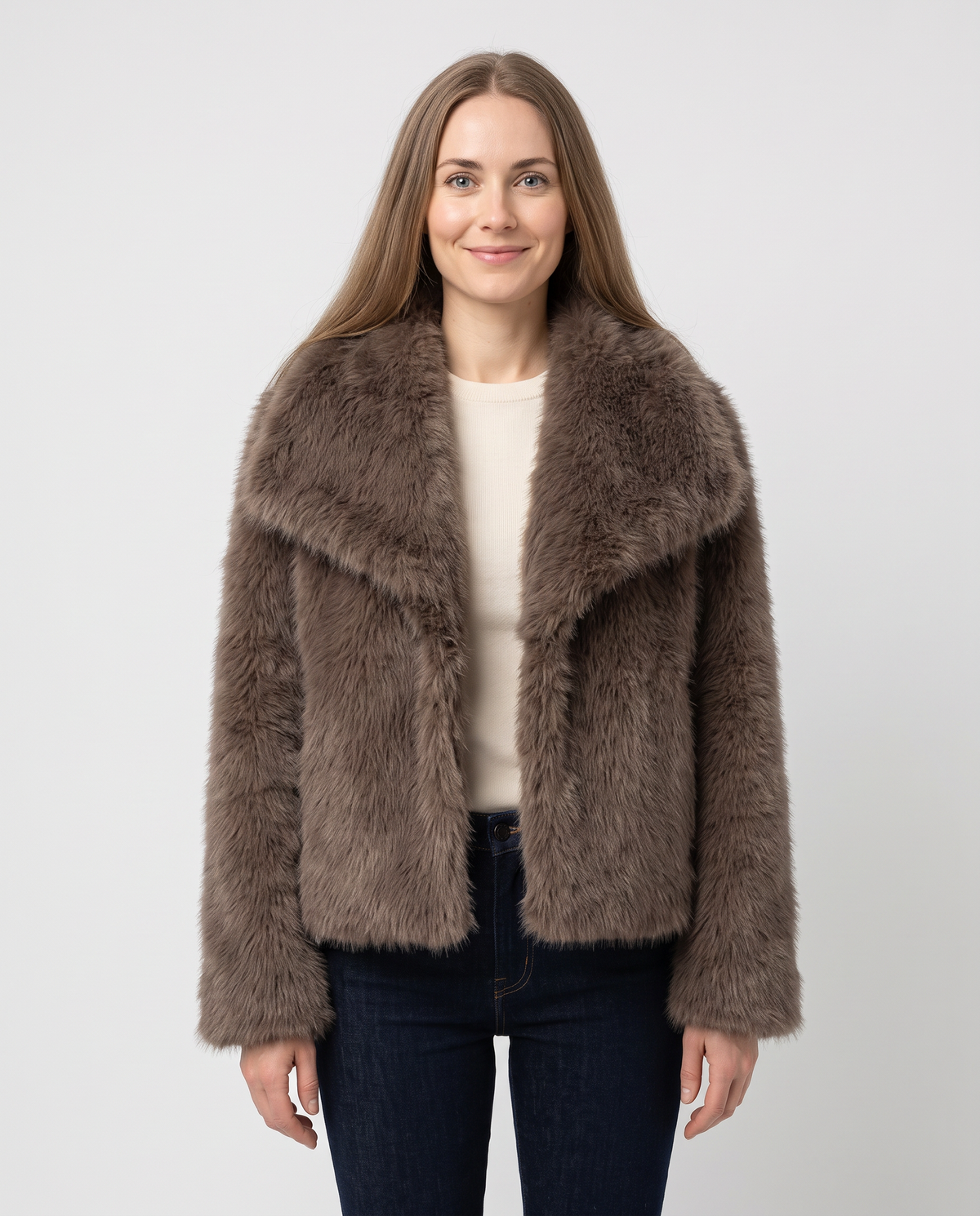 Women's brown cropped faux fur jacket, front view