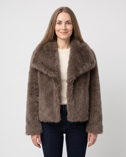 Women's brown cropped faux fur jacket, front view