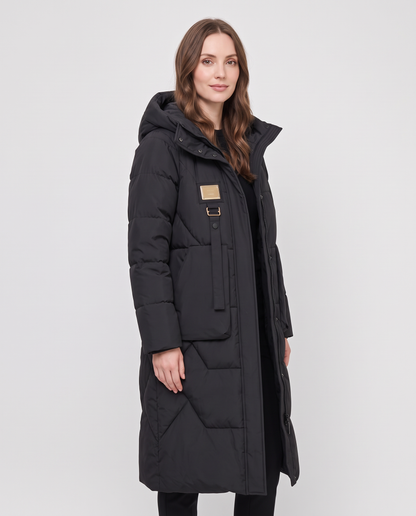 Women's black long hooded waterproof puffer jacket, side view