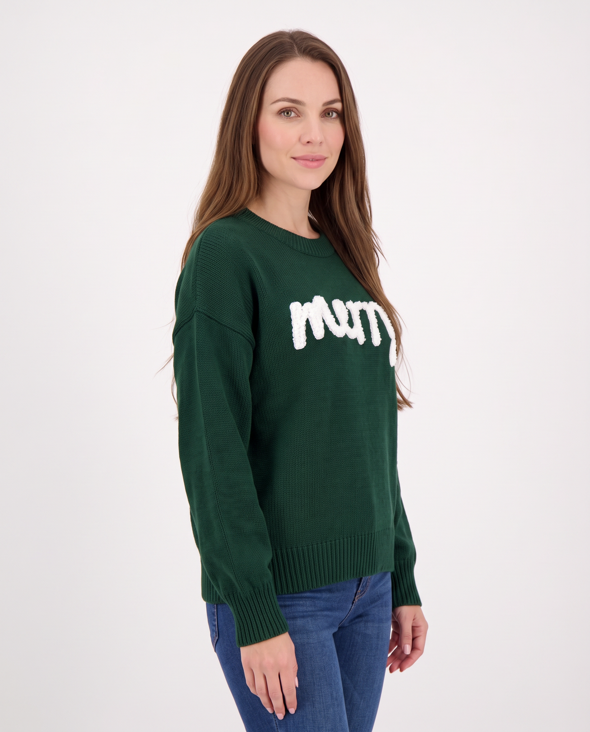 Women's dark green 'merry' slogan Christmas jumper, side view