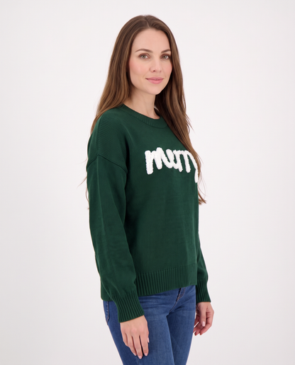 Women's dark green 'merry' slogan Christmas jumper, side view