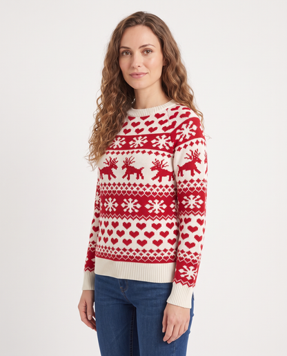 Women's cream white fitted fair isle Christmas jumper, side view