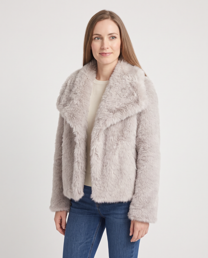 Women's grey cropped faux fur jacket, side view